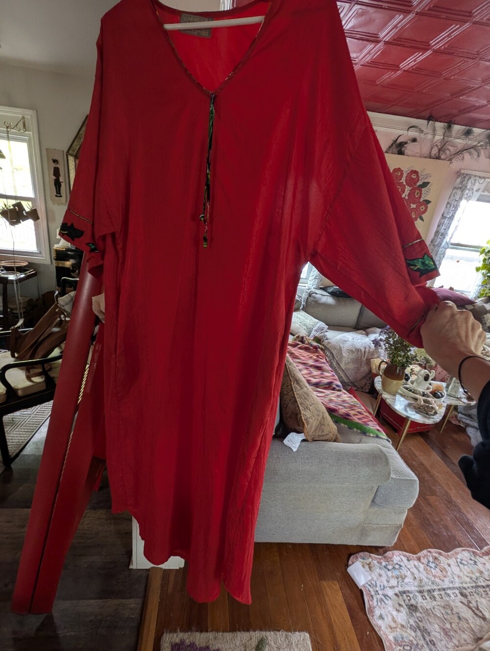 Red Boho V-Neck Tunic Dress Vintage